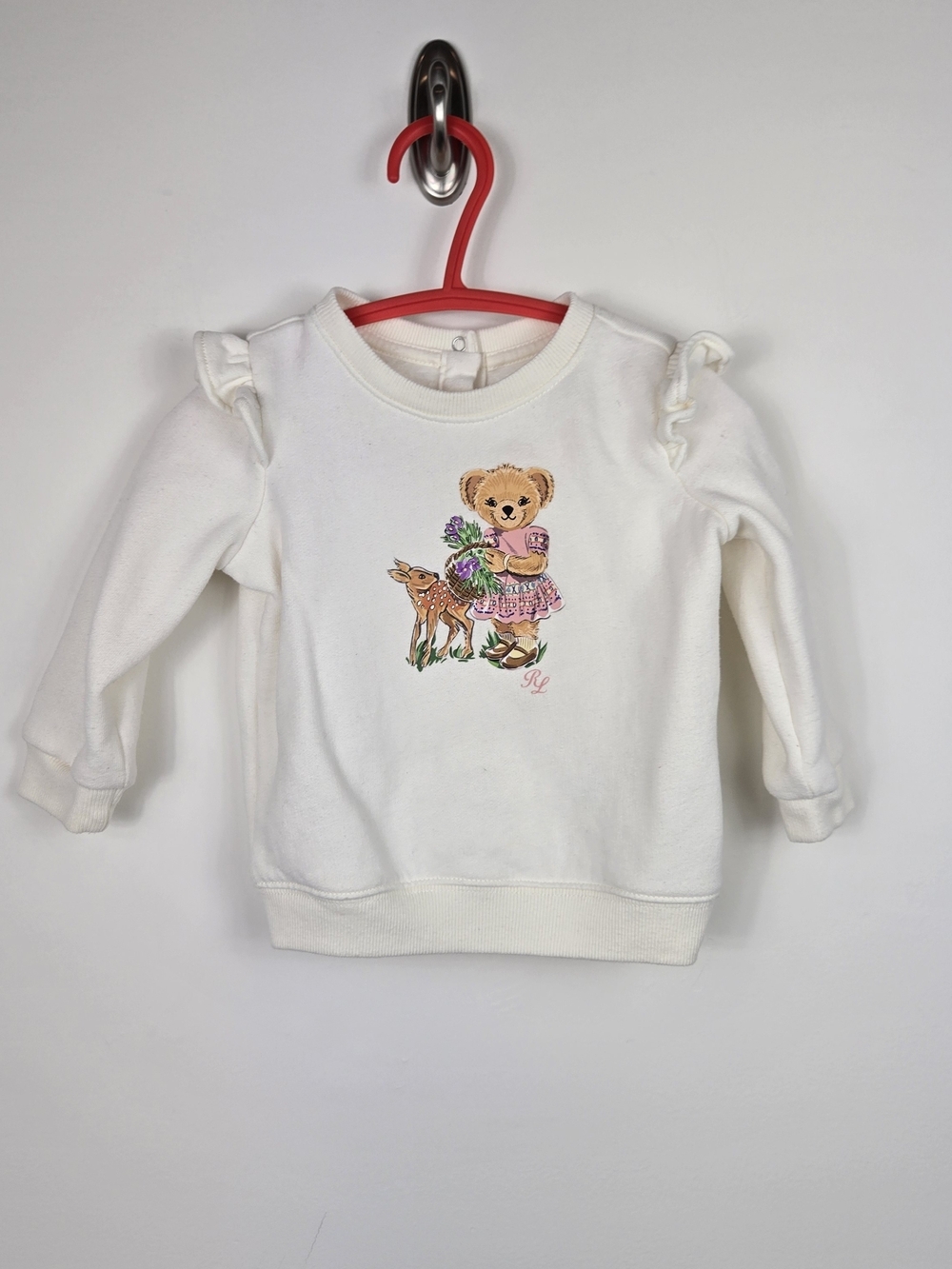 Ralph Lauren Baby Bear Cream Sweatshirt 9M Coquette Cottagecore Teddy Ruffle